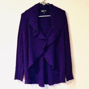 Cable Knit Oversized Open Front Ruffle Collar Royal Purple Cardigan L